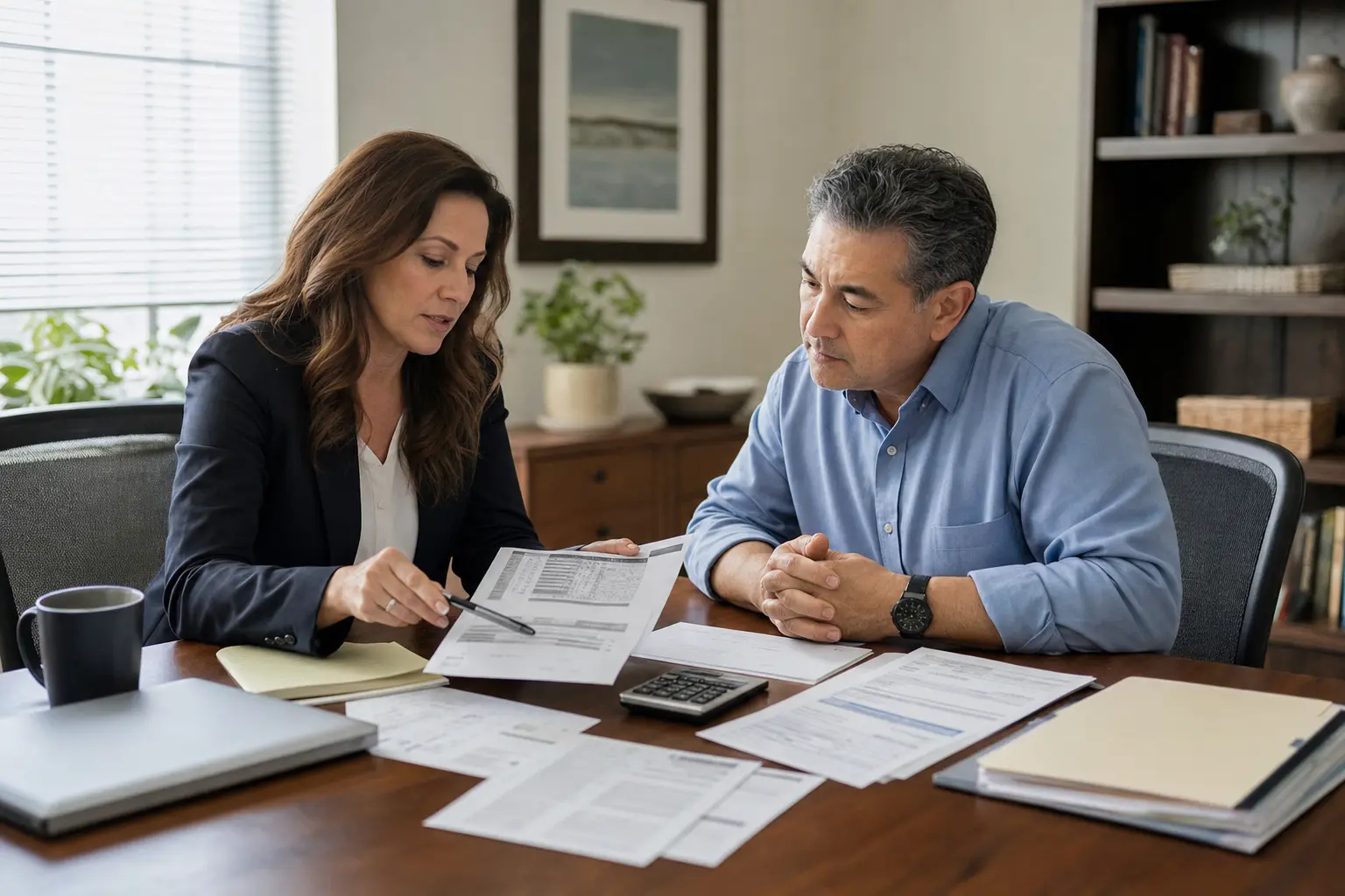 Hands holding a paycheck over financial paperwork