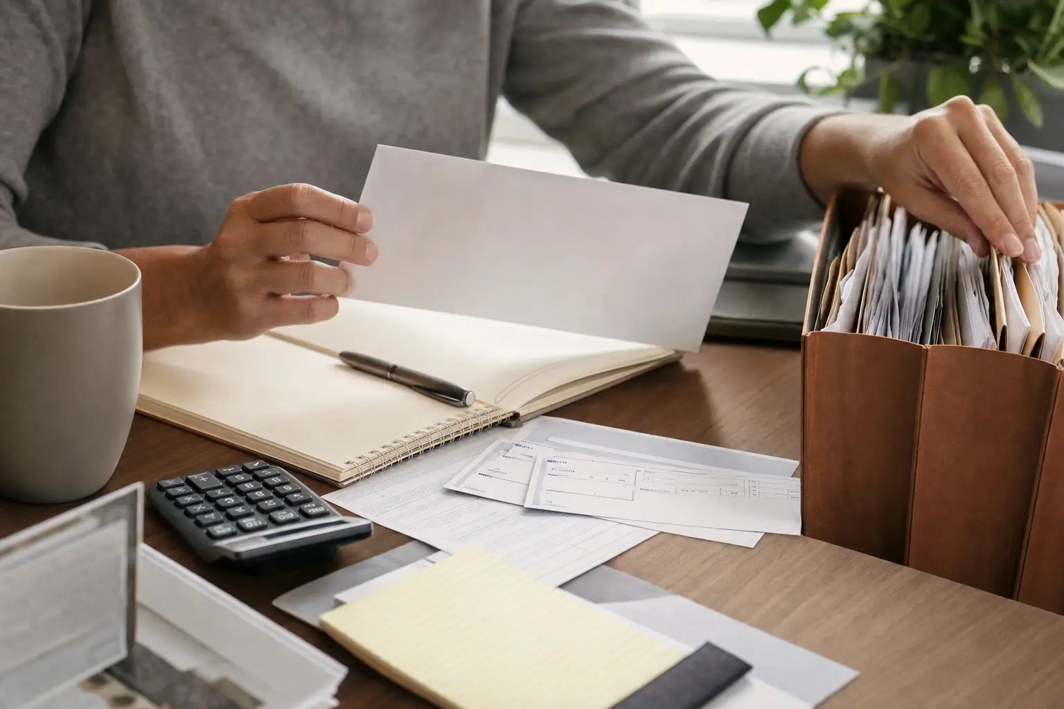 Overhead view of tax planning workspace with tablet and notes