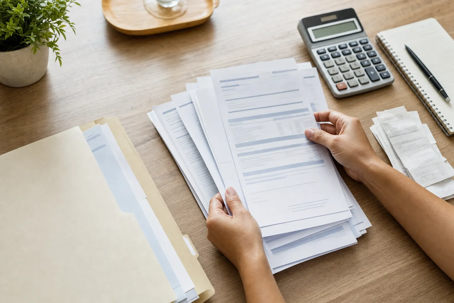 Person reviewing income and expense documents with a calculator