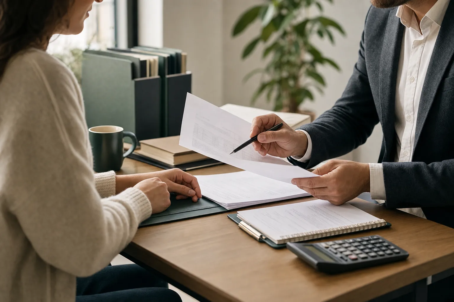 Tax professional reviewing documents with a small business owner across a desk