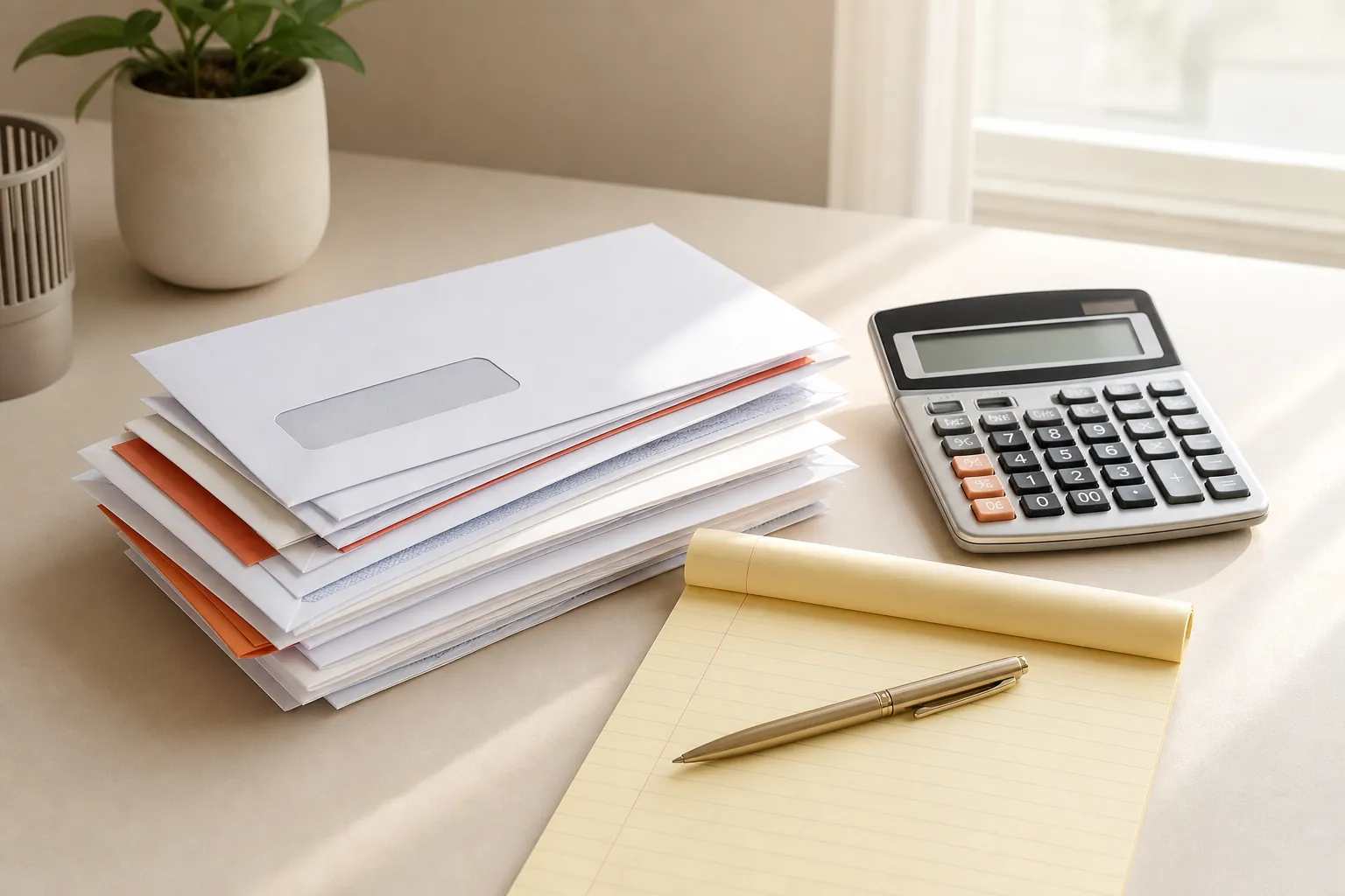 Overhead view of a home model, mortgage papers, and calculator on a desk