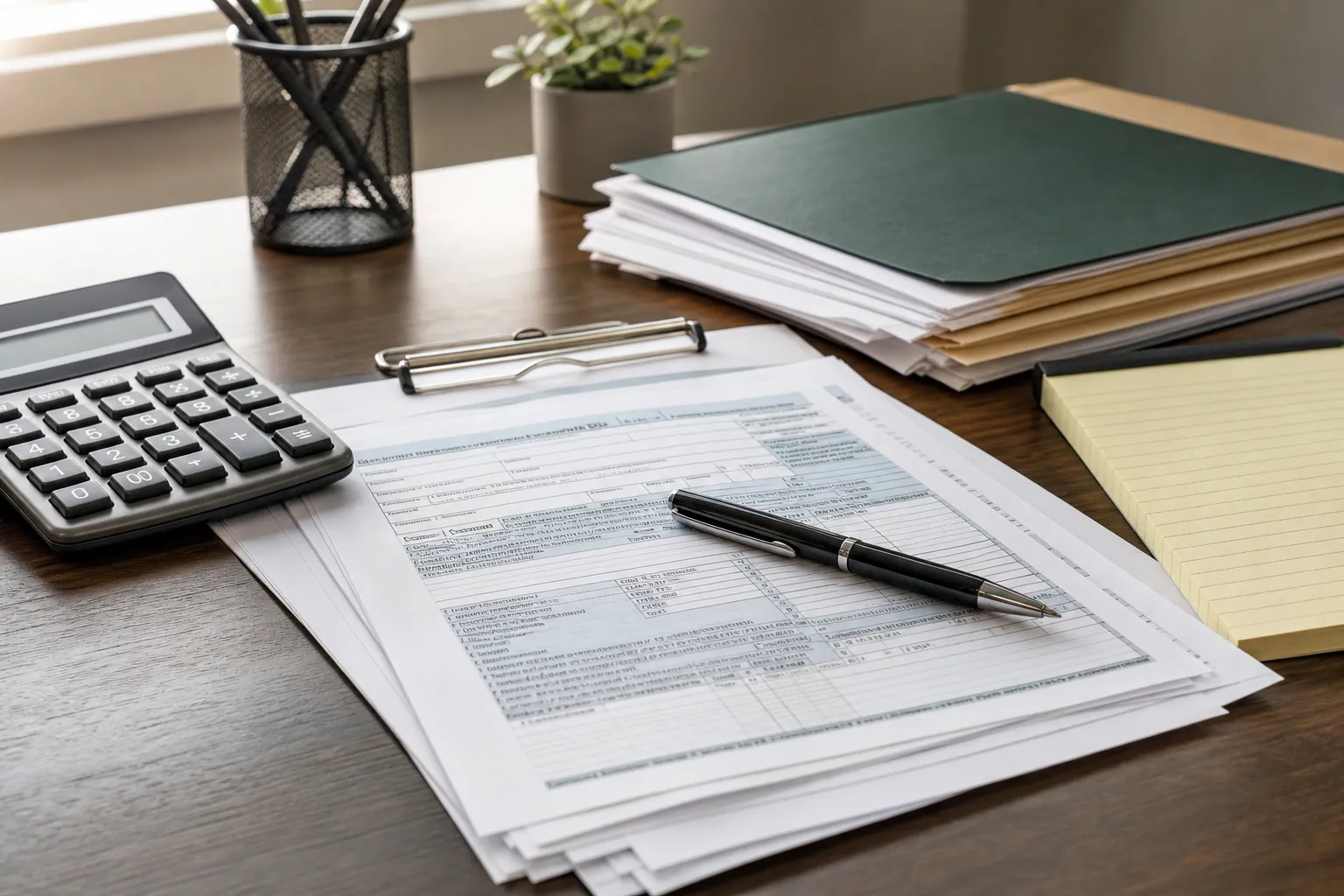Close-up of hands reviewing IRS tax documents and a calculator on a desk