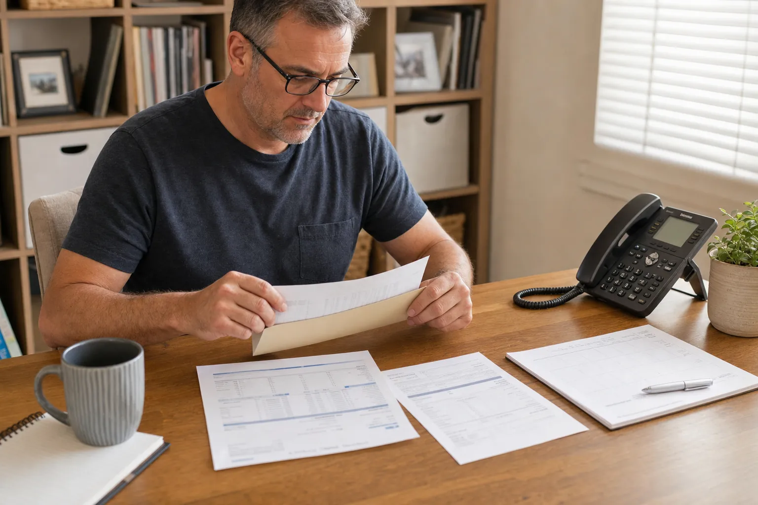 Tax specialist on a phone call, taking notes at a tidy office desk