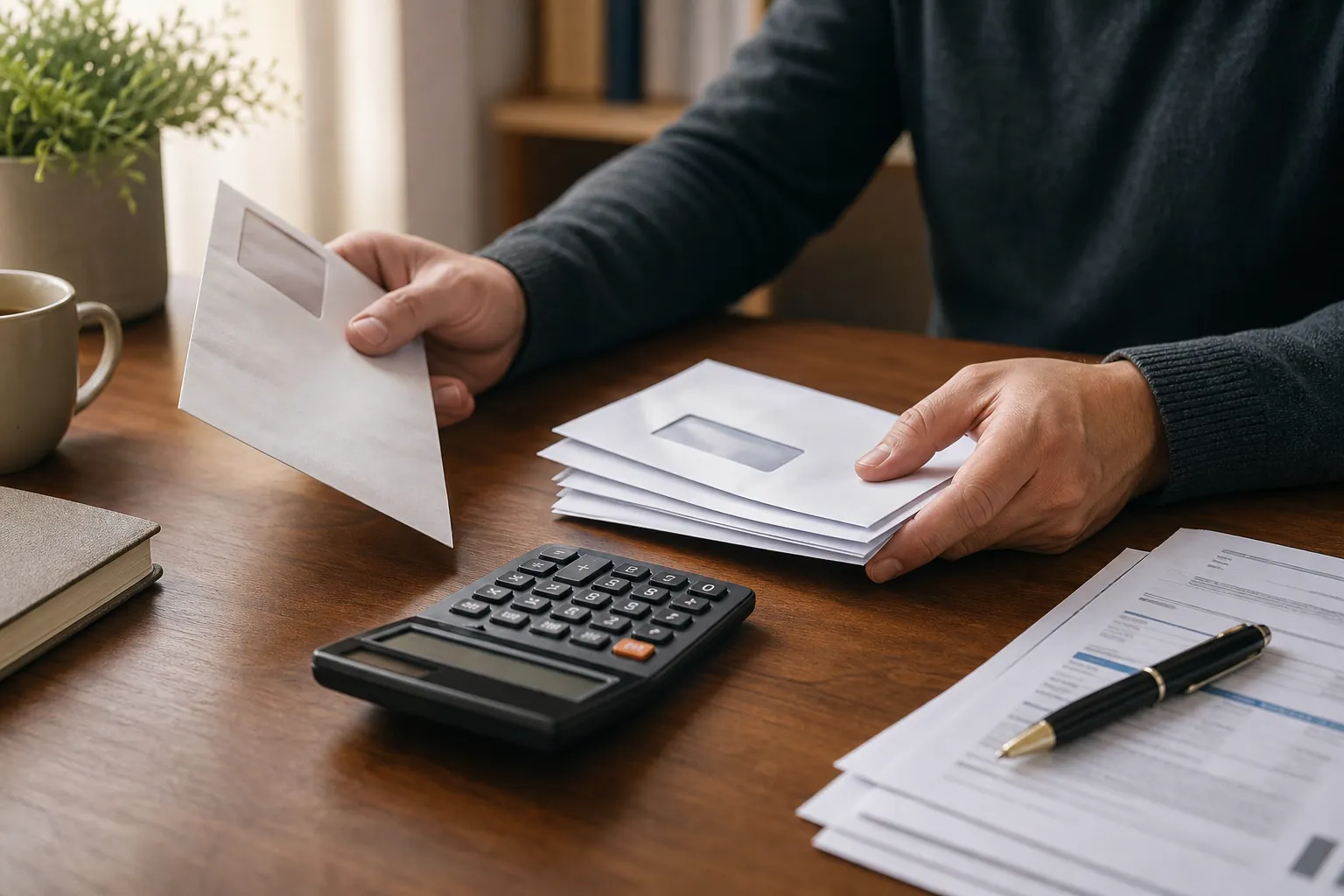 Close-up of IRS notices and tax documents on a desk with a calculator and pen