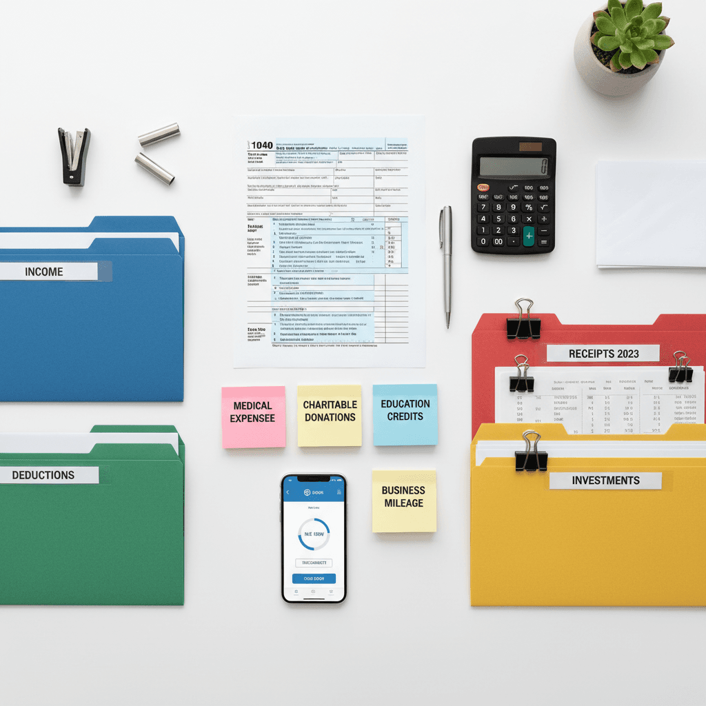Overhead organized workspace of tax preparation showing forms, calculator, documents, and filing tools arranged systematically